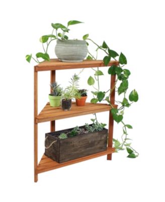 Meranti Wood 3-Tier Corner Plant Stand Shelves with Teak Oil Finish - Indoor/Outdoor Wooden Planter Furniture - Potted Plant Holder Table for Patio and Home - 36-Inch