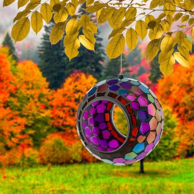 Outdoor Garden Patio Round Glass with Mosaic Design Hanging Fly-Through Bird Feeder