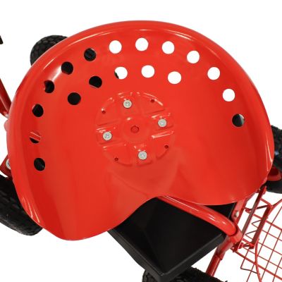 Garden Seat with Wheels - Rolling Garden Stool with Extendable Steer Handle, Swivel Seat and Utility Tool Tray - Red