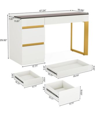 Vanity Desk: White & Gold Makeup Table with Glass Top, 4 Drawers & Visual Storage – Modern Dresser for Bedroom
