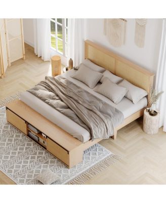 Queen Bed Frame with Natural Rattan Headboard, Platform Bed Frame Queen Size with Storage Headboard