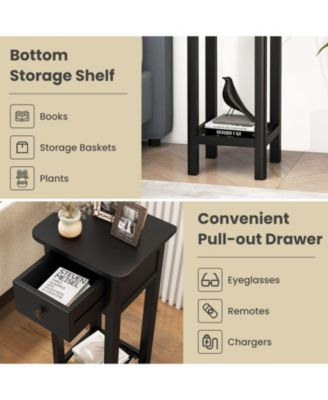 2 Tier Slim Nightstand Bedside Table with Drawer Shelf