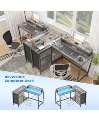 L Shaped Desk with Power Outlets & LED Lights