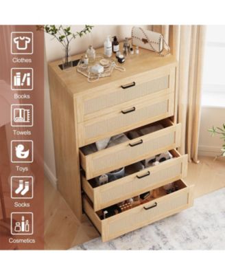 5 Drawer Rattan Dresser for Bedroom, 47.27” Tall Dresser with Power Outlets, Wood Dresser Chest of Drawers with Metal Handles for Living Room Closet Hallway Entryway