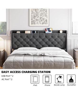 King Size Bed Frame with Upholstered Wingback Headboard, Luxurious Linen Upholstery Platform Bed with Charging Station