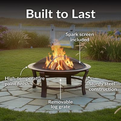 Outdoor Portable Camping or Backyard Elevated Round Fire Pit Bowl with Stand, Spark Screen, Wood Grate, and Log Poker - 29" - Bronze