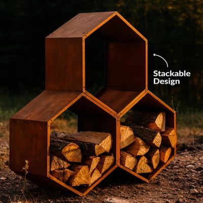 Indoor/Outdoor Heavy-Duty Steel Hexagon Honeycomb Fire Pit or Fireplace Firewood Log Rack Holder - 30" - Oxidized Rust Finish