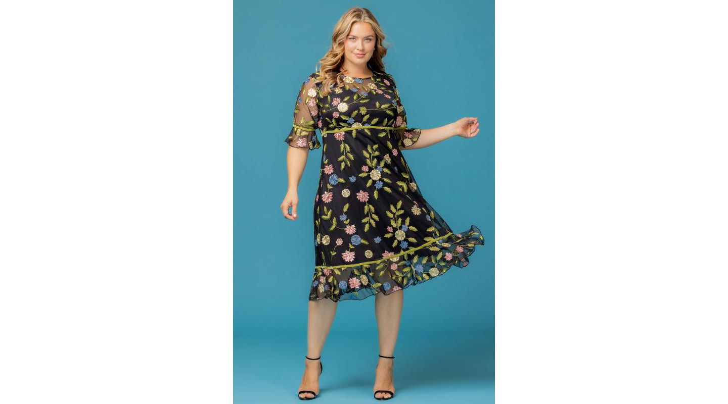 Женское платье Kiyonna Plus Size Wildflower Embroidered Floral Mesh Cocktail, цвет: С принтом — фото 3