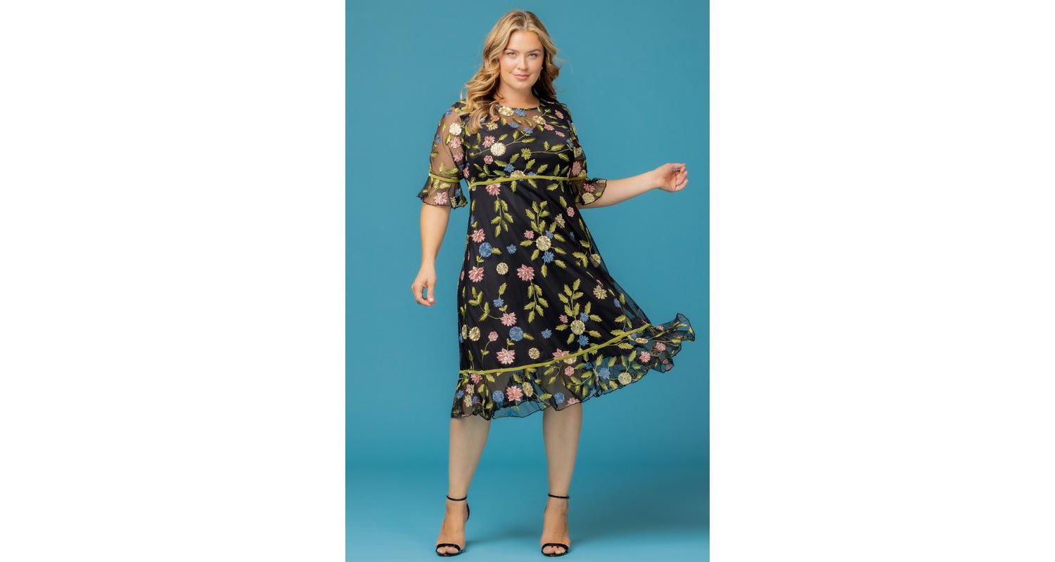 Plus Size Wildflower Embroidered Floral Mesh Cocktail Dress
