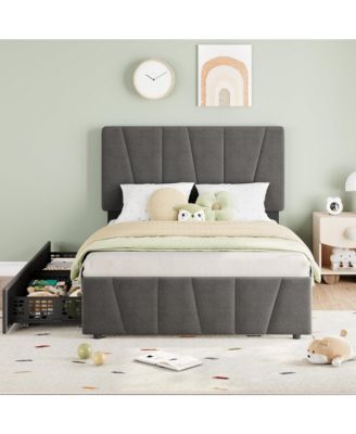 Twin Size Bed Frame with Adjustable Headboard and 4 Storage Drawers, Upholstered Platform Bed Frame
