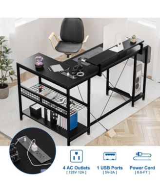 L Shaped Computer Desk with Power Outlets & LED Light, 49.6" Reversible Corner Computer Desk