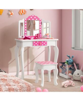 Kids Vanity Table and Stool Set with Cute Polka Dot Print
