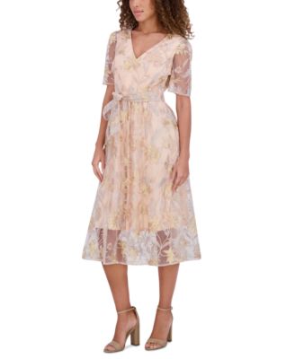 Women's Embroidered Mesh Tie-Waist Midi Dress