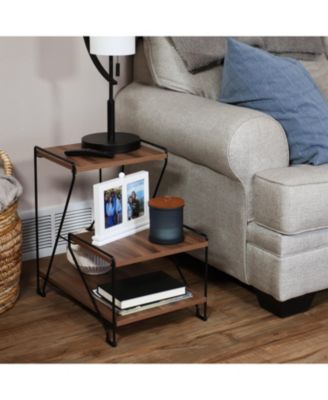 3-Tiered Steel Wire Indoor Accent Table with Faux Woodgrain Tabletops - 21” H - Brown