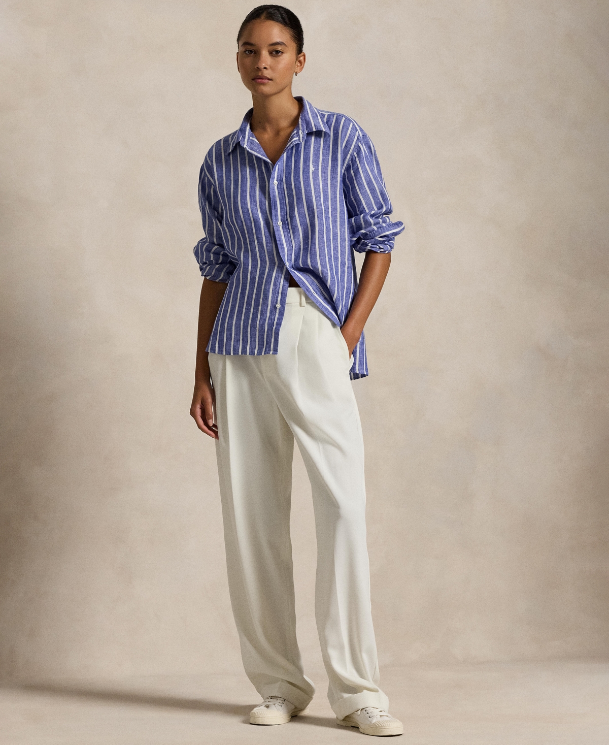 Shop Polo Ralph Lauren Women's Wide Cropped Striped 100% Linen Shirt In Blue White