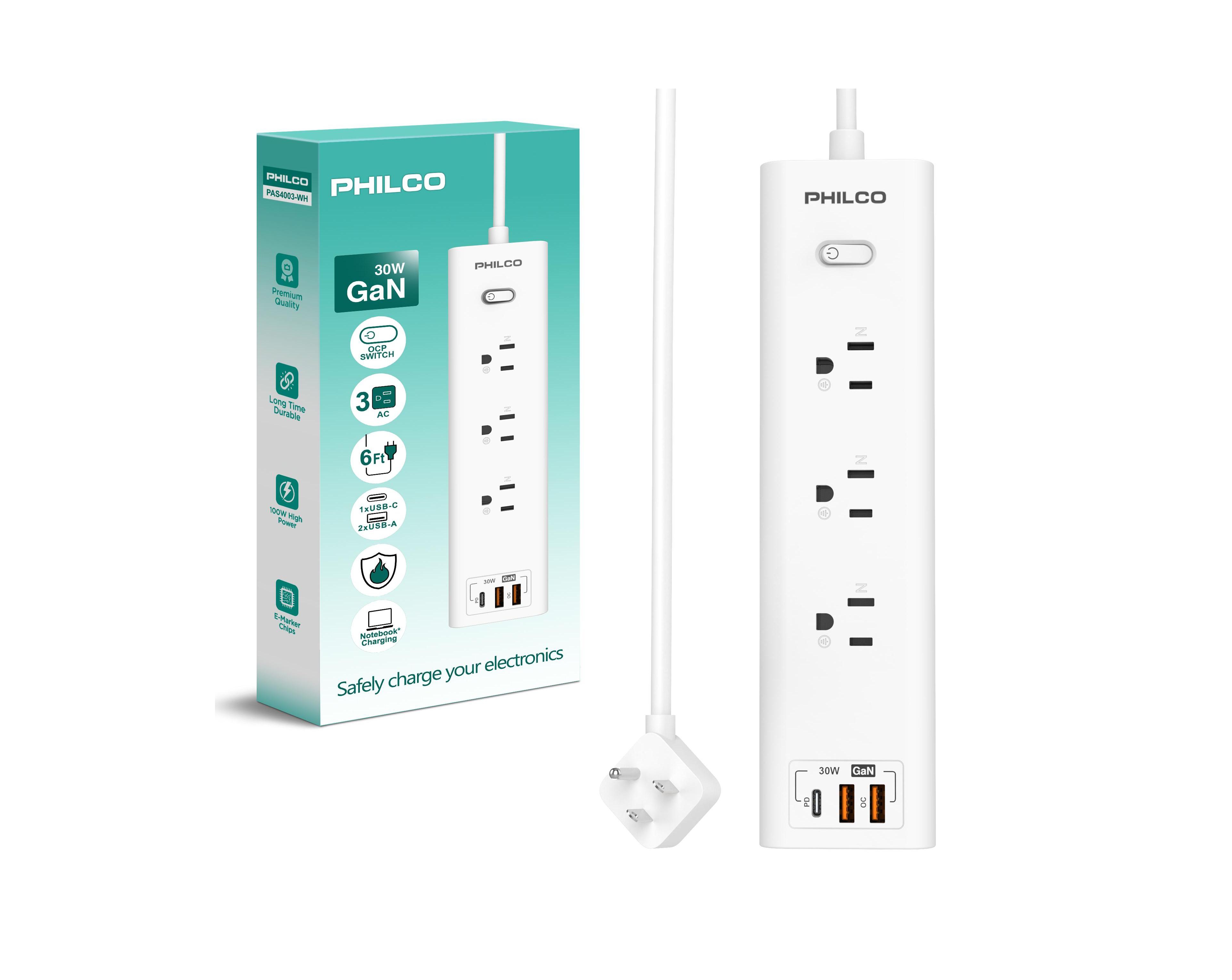 Philco 30W Wall Outlet, 1.8 Meter Ac Plug, 1 Usb-c, 2 Usb-a, Ocp Switch, 110-220V, Safe and Durable for Home