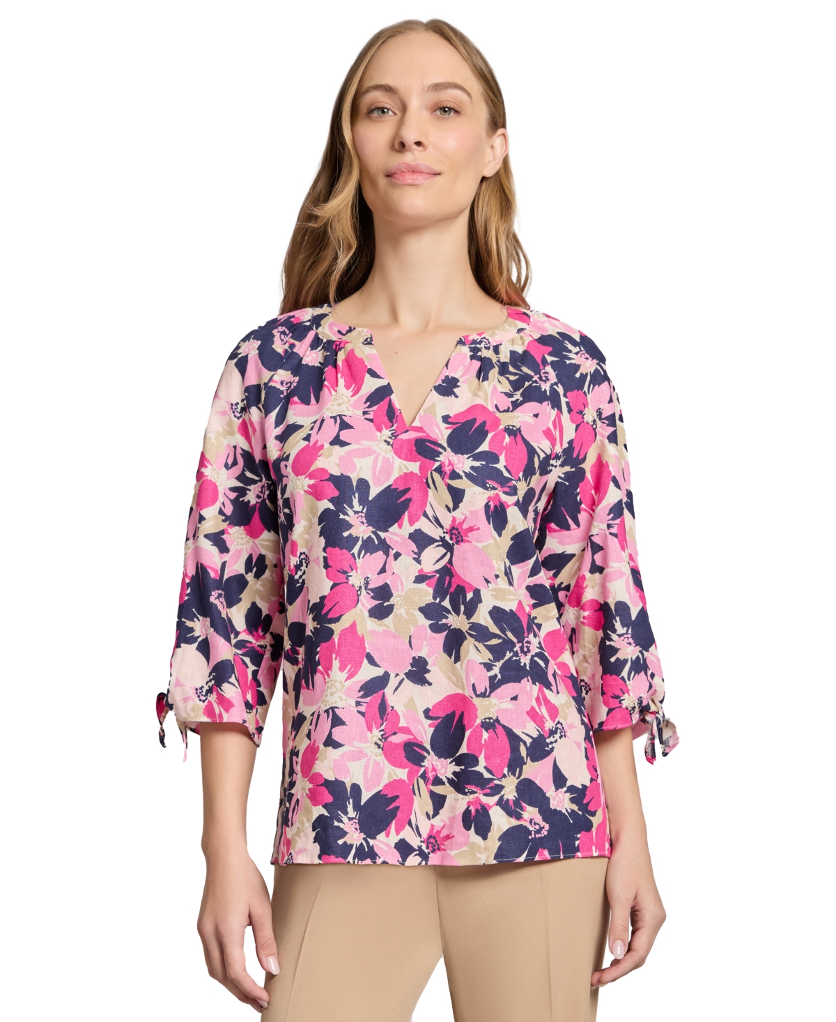 Petite Linen-Blend Split-Neck Tie-Cuff Floral-Print Top - Natural