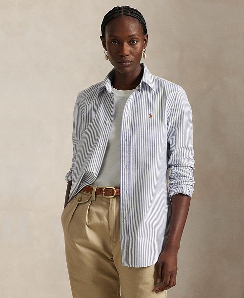 alfani Polo Ralph Lauren Women's Stretch Slim Fit Striped Oxford Shirt Women's Fashion Shoes & Accessories