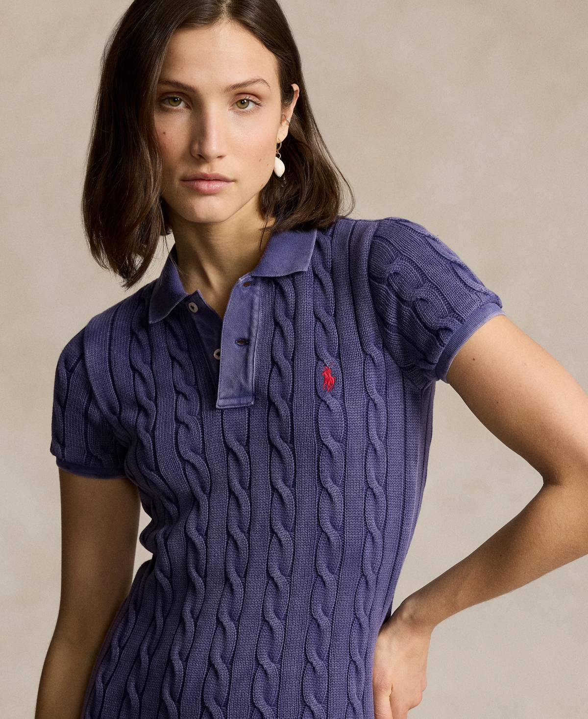 POLO RALPH LAUREN WOMEN'S CABLE-KNIT COTTON POLO MIDI DRESS 