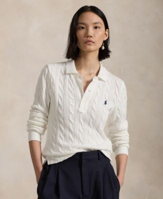 Women's Cable-Knit Cotton Long-Sleeve Polo Shirt Sweater