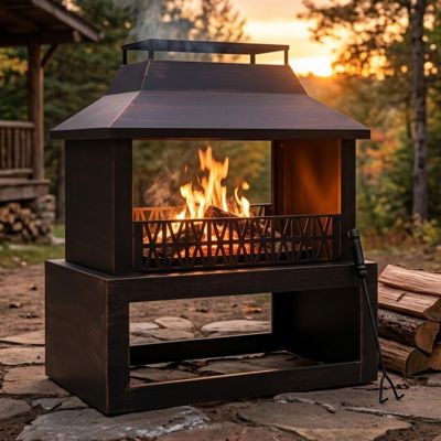 Backyard Blaze Heavy-Duty Steel Outdoor Fireplace - Built-In Log Storage and Protective Cover - 35-Inch H - Brushed Bronze