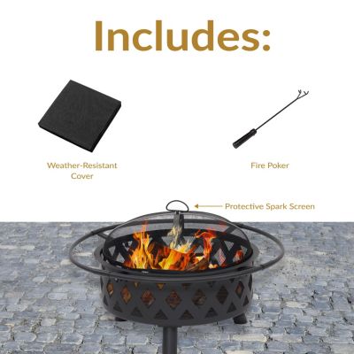 Outdoor Camping or Backyard Crossweave Cut Out Fire Pit with Spark Screen and Log Poker