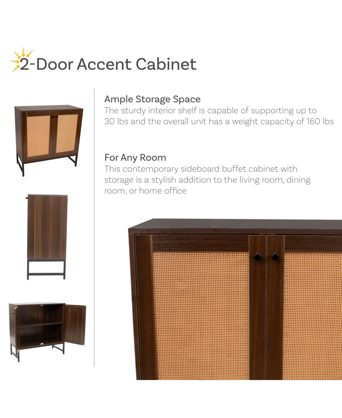 2-Door Mdf Accent Cabinet with Built-In Shelf and Rattan Doors - 31.5" W x 15" D 33" H