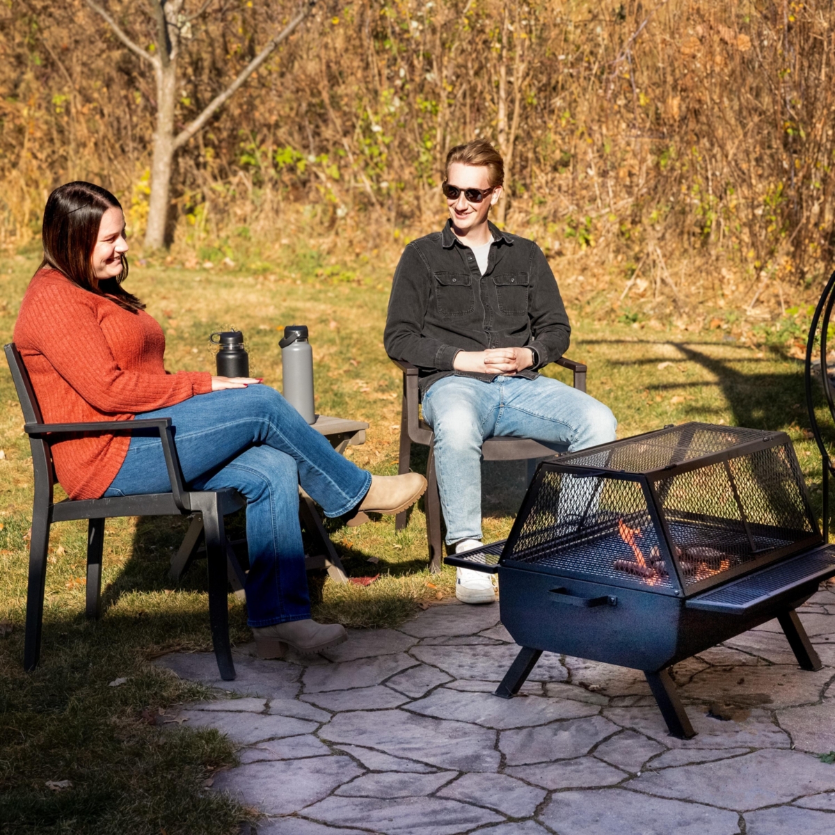 Steel Grilling Fire Pit with Mesh Spark Screen and Protective Pvc Cover - Black - 36." W x 32.5" D x 23.75" H