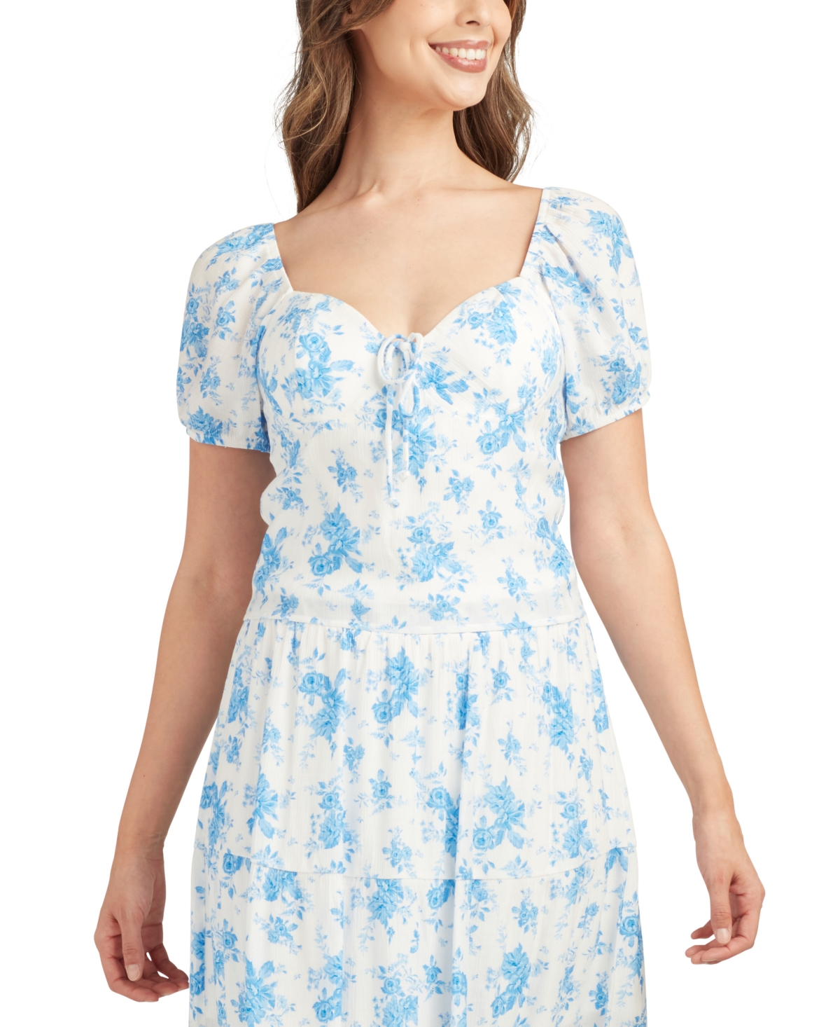 BCX JUNIORS' FLORAL-PRINT SWEETHEART-NECK SHORT-SLEEVE TOP 