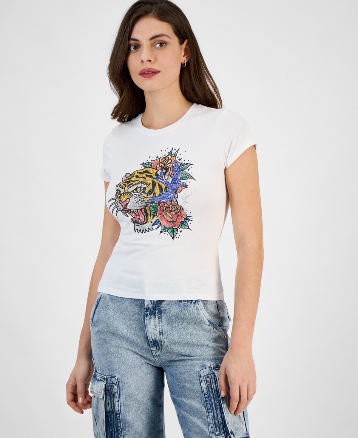 Women's Embellished-Tiger Short-Sleeve Crewneck Top - Pure White