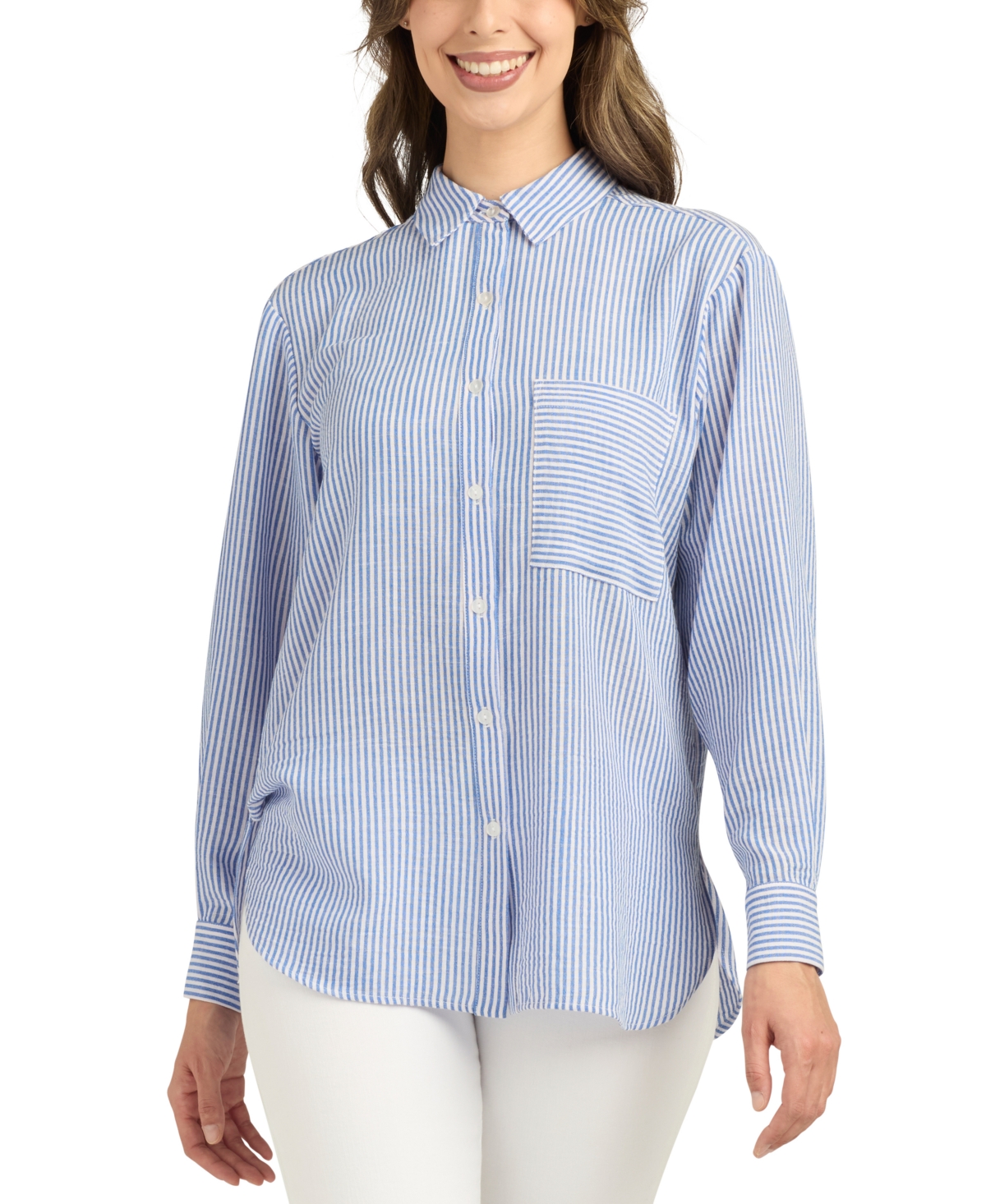 Juniors' Long-Sleeve Striped Button-Front Top - Blue Stripe