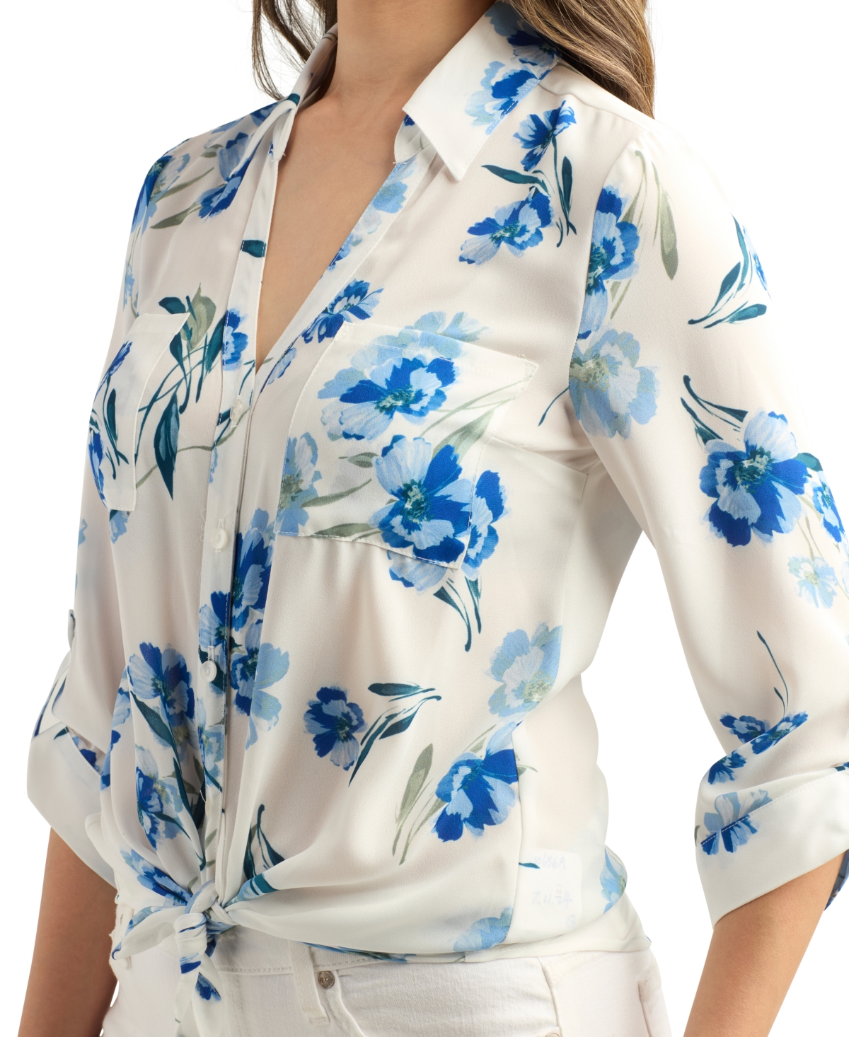 Bcx Juniors' Floral-print Long-sleeve Collared Shirt In White,blue Floral