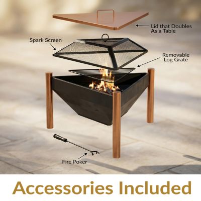 Outdoor Camping or Backyard Steel Triangle Fire Pit with Wood Grate, Log Poker, and Spark Screen - 31" - Copper Finish