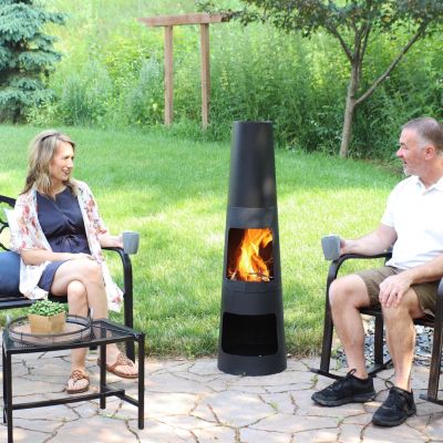 Outdoor Backyard Heavy-Duty Steel Modern Wood-Burning Fire Pit Chiminea with Built-In Log Storage - 49" - Black