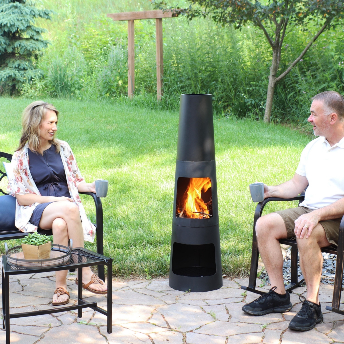 Outdoor Backyard Heavy-Duty Steel Modern Wood-Burning Fire Pit Chiminea with Built-In Log Storage - 49" - Black