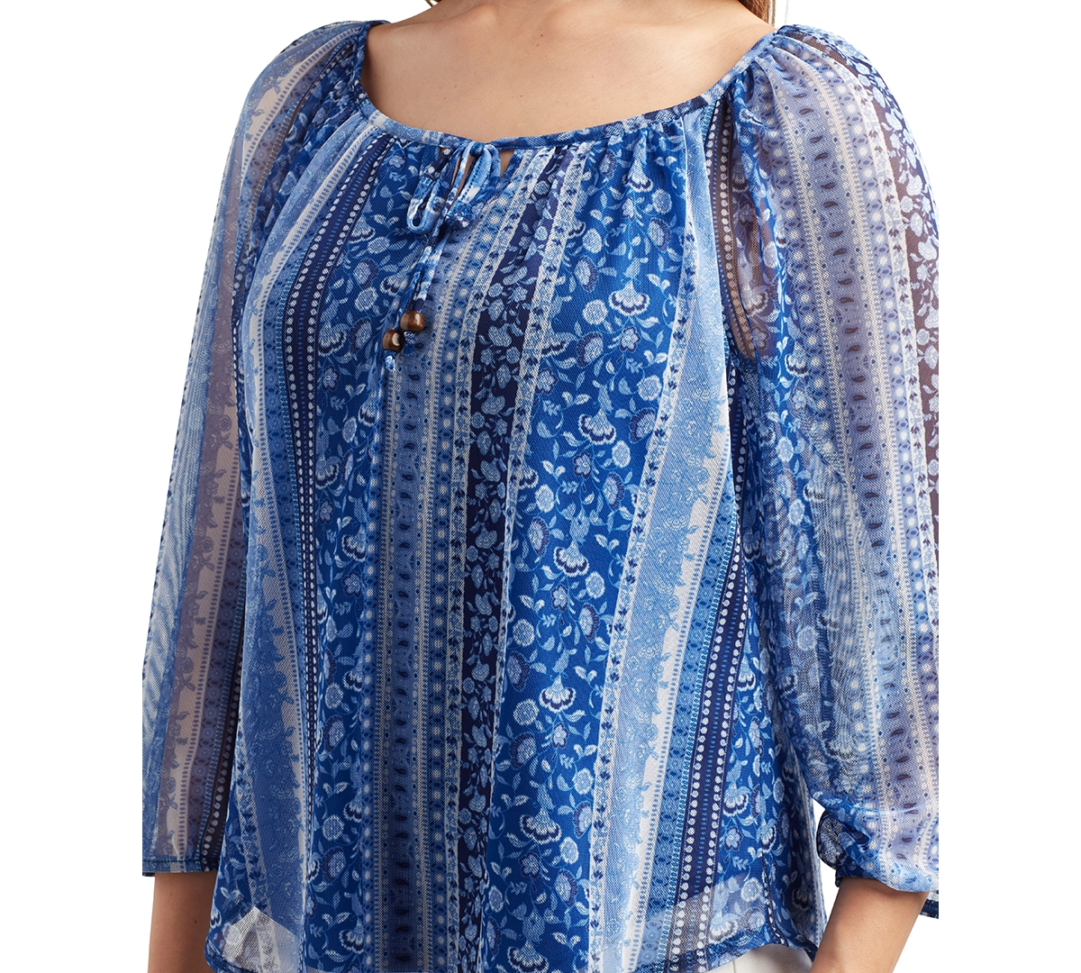 Bcx Juniors' Striped-print Tie-neck Mesh Top In Blue Print