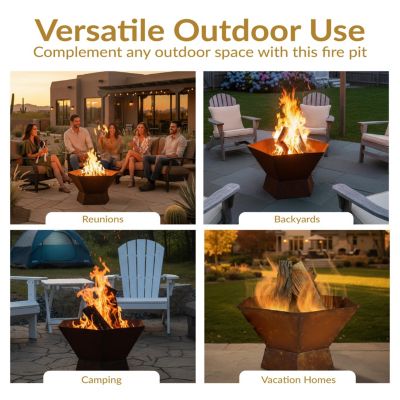Outdoor Camping or Backyard Hexagon Rustic Affinity Fire Pit Bowl on Pedestal Stand - 23" - Oxidized Rust