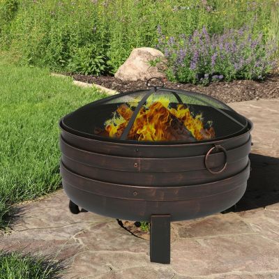Heavy-Duty Steel Cauldron Fire Pit with Spark Screen and PVC Protective Cover - 28.5-Inch Round - Brushed Bronze
