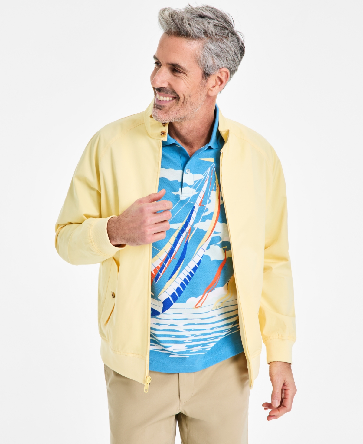 Men's Cotton-Blend Harrington Mock-Neck Jacket, Exclusively at Macy's - Pale Sun