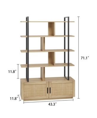 5 Tier Rattan Bookshelf with Storage Cabinet & Door