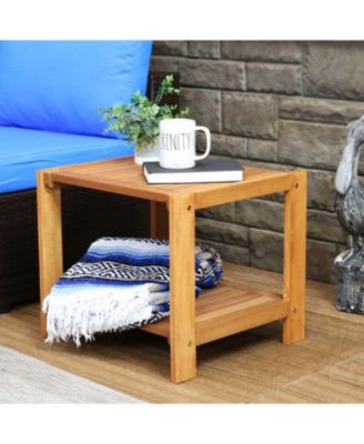 Outdoor Meranti Wood with Teak Oil Finish Wooden Patio Accent Side Table with Lower Shelf - 20" - Brown