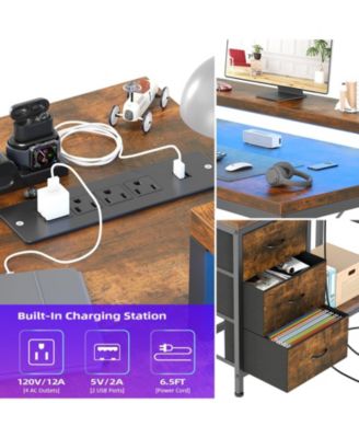 L Shaped Desk with Power Outlets & LED Lights