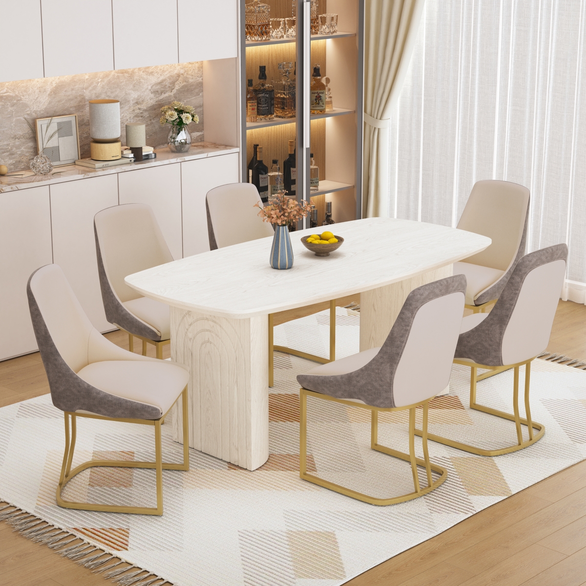 70.8-Inch High-End Solid Wood Table With Fabric +Pu Modern Dining Side Chairs (Dining And Chair Set)