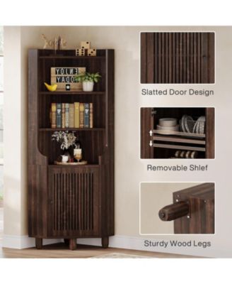 68-Inch Tall Corner Cabinet, Farmhouse Kitchen Storage Cabinet with Doors and Shelves, Rustic Wood Corner Display Cabinet