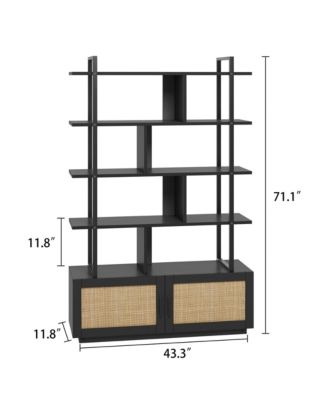 5 Tier Rattan Bookshelf with Storage Cabinet & Door