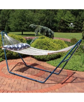 Outdoor 2-Person Double Polyester Rope Hammock with Wood Spreader Bar and Matte Blue Steel Multi-Use Stand