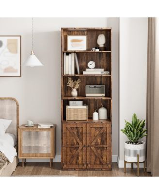 Tall Bookcase with Doors, 4-Tier Wooden Bookshelf