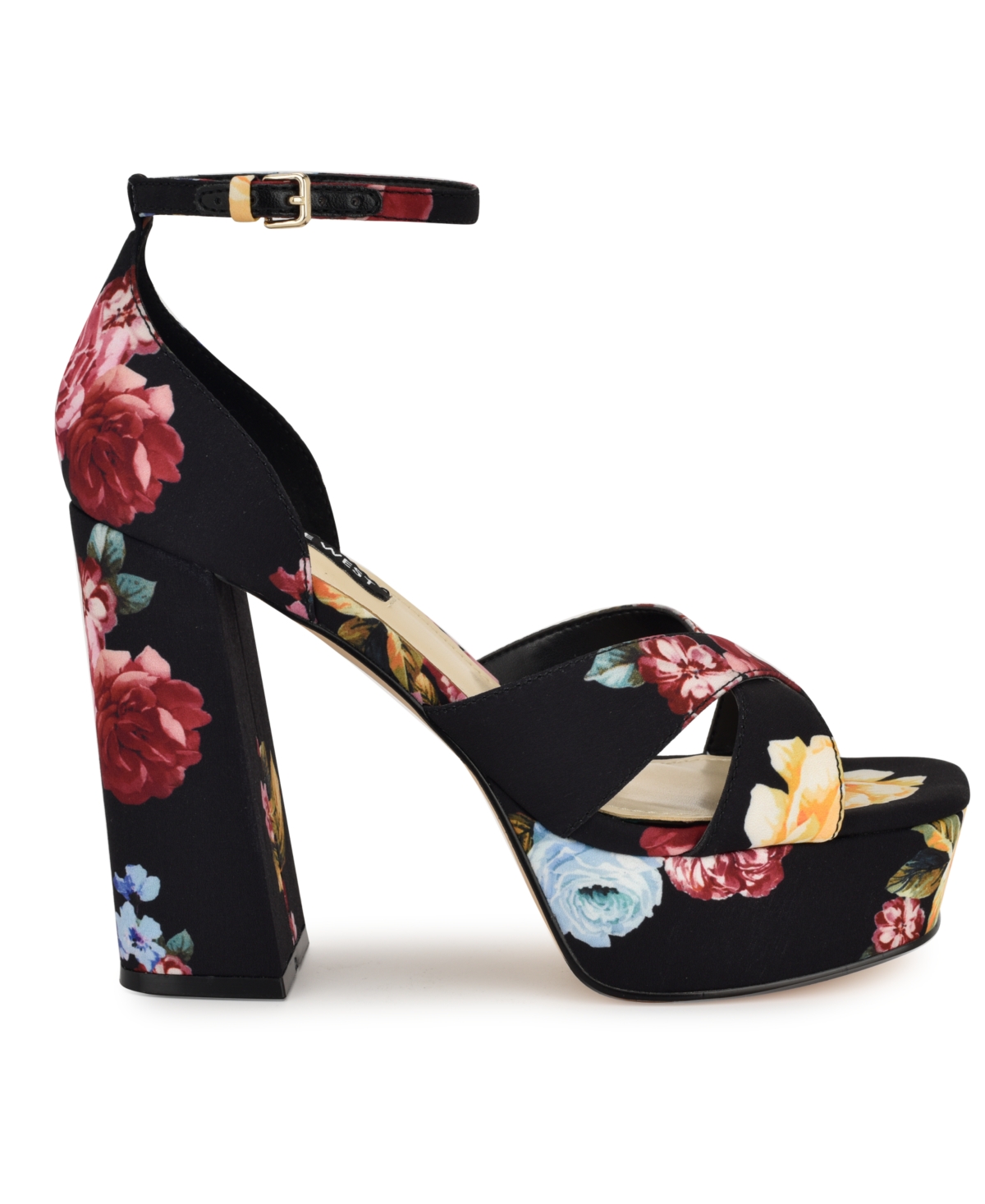 Nine West Vicky Ankle Strap Platform Sandal In Black Scattered Rose Multi