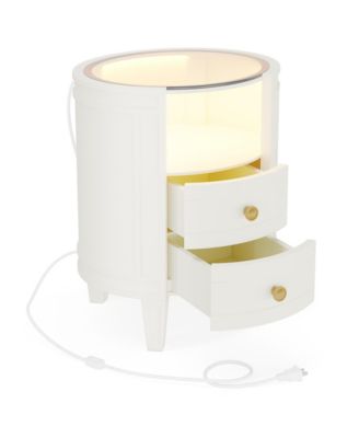Set of 2 Nightstand with LED Glass Tabletop, Modern Ivory White Nightstand with 2 Drawers, No Assembly Required, Oval Bedside Table