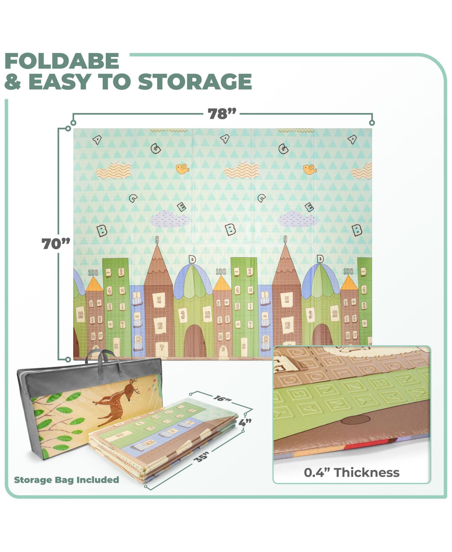 (78" x 70") Foldable Play Mats with Travel Bag - for Babies, Toddlers, and Kids Playtime & Tummy Time